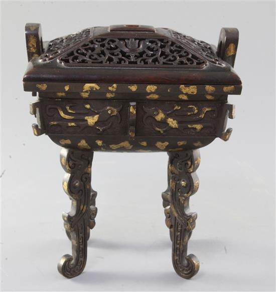 A Chinese archaistic gold splashed bronze censer, Fang ding, 19th century, width 16.5cm height 20cm